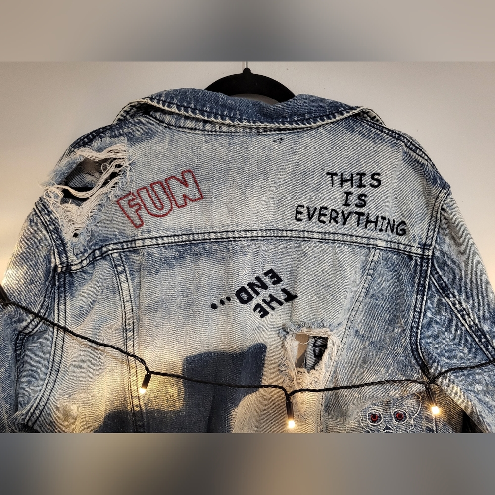 DNM Collection Medium Distressed Embroidered Reworked Denim Jacket - Picture 15 of 16